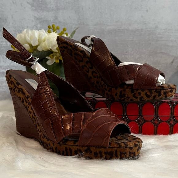 NEW RARE Spiegel Leather Platform Slingback Wedges Chocolate Leopard Sz 5.5 NWP - Picture 3 of 16